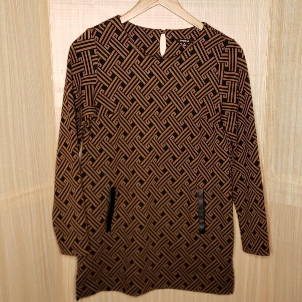 Premise Brown Black Long Sleeve Geometric Print Knit Mini Dress Medium